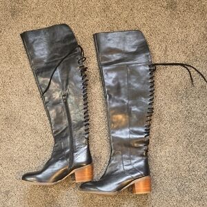 Diba True Women Over Knee Lace Up Back Black Leather Knee-High Boots Shoes 8.5